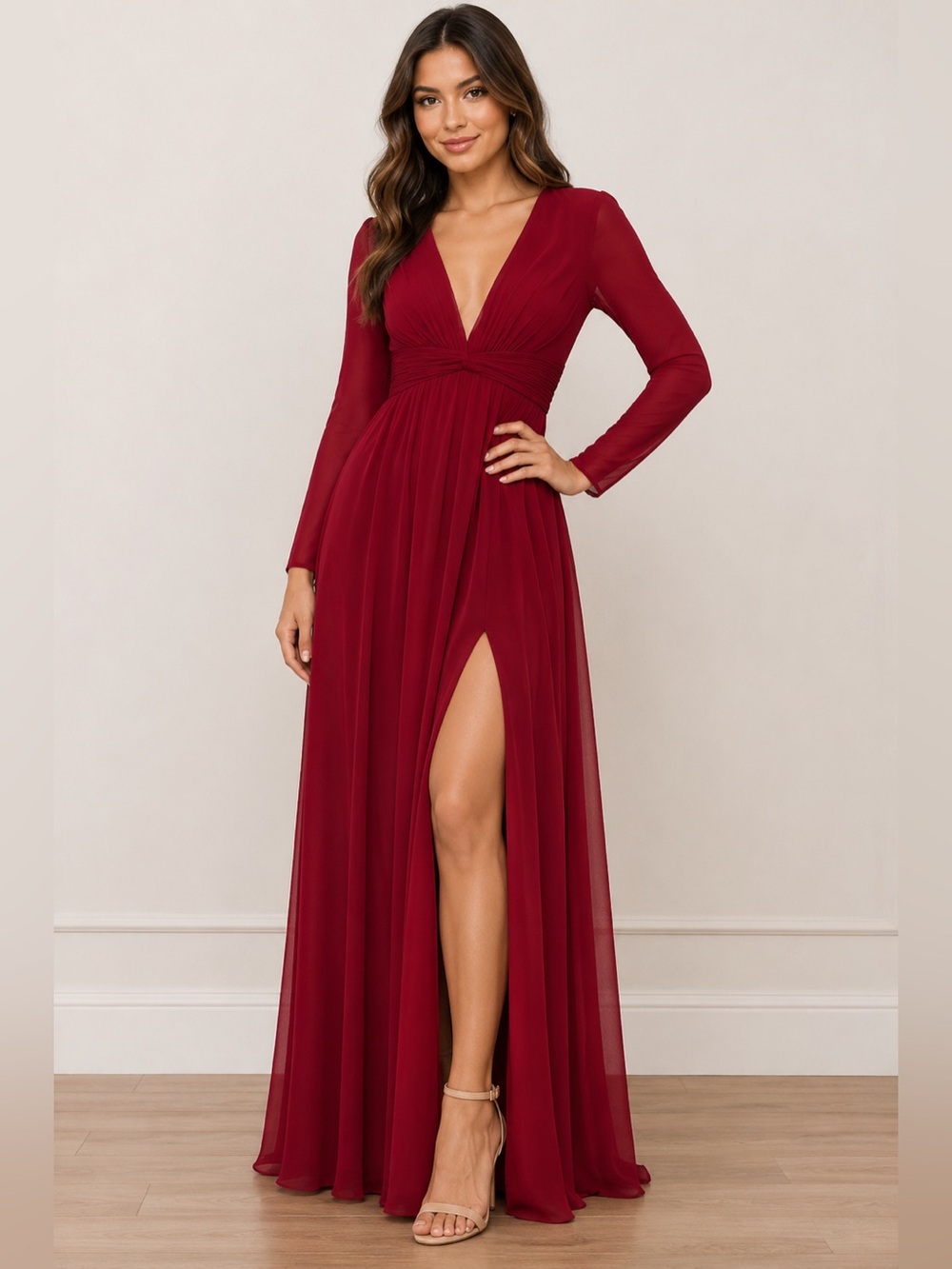 IEENA Mac Duggal 55680 Burgundy red Long Sleeve Maxi Gown sheer sleeves Size 2